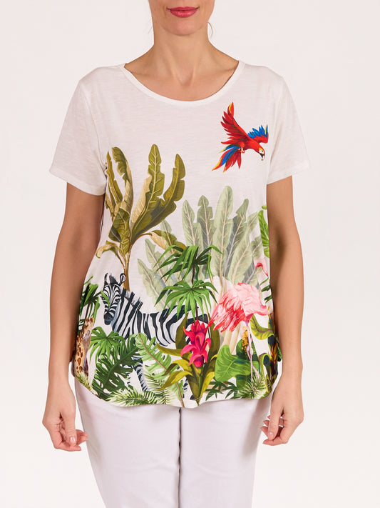 T-shirt blanc à encolure ronde et manches courtes avec motif flamant et zèbre