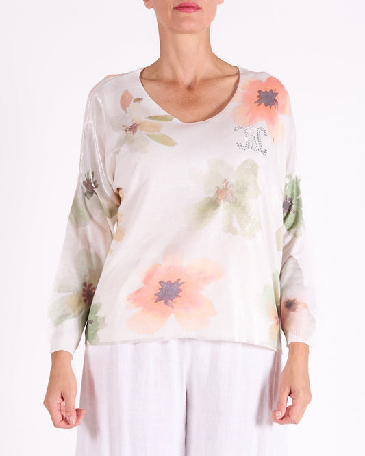 Peach V Neck Drop Shoulder Foil Floral Print Studed Pullover