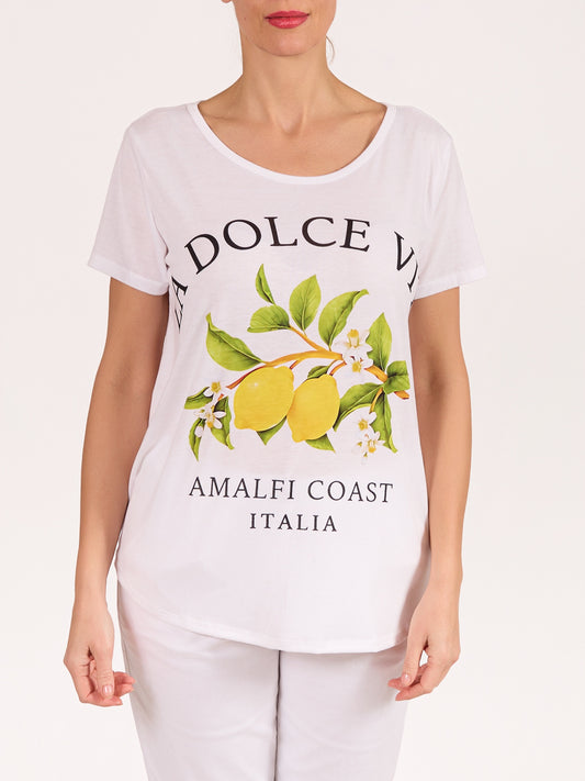 T-shirt blanc à encolure ronde et manches courtes avec motif Lemon Dolce Vita