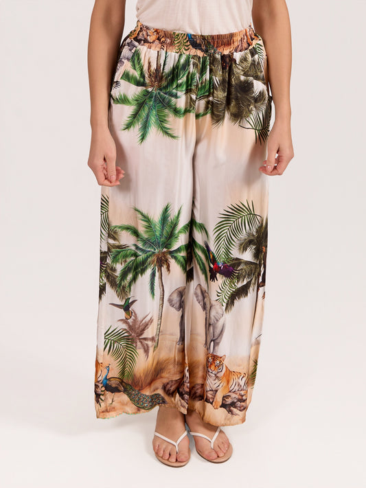 Pantalon vert à enfiler en satin avec imprimé jungle