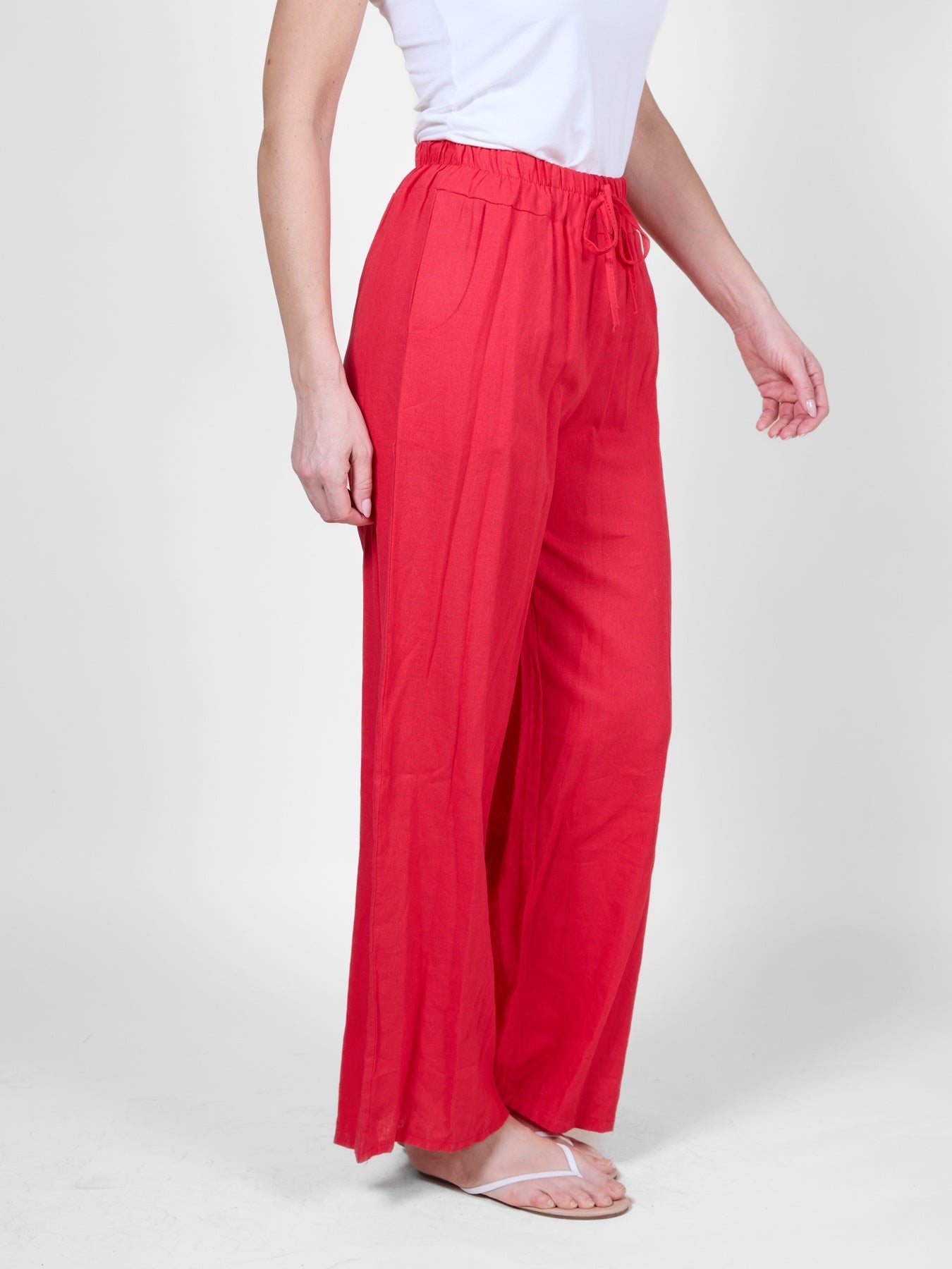Red Flowy Pull-On Pants with Drawstring Waist and Pockets