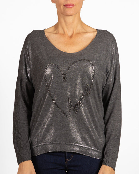 Black Boat Neck Heart Signature Long Sleeve