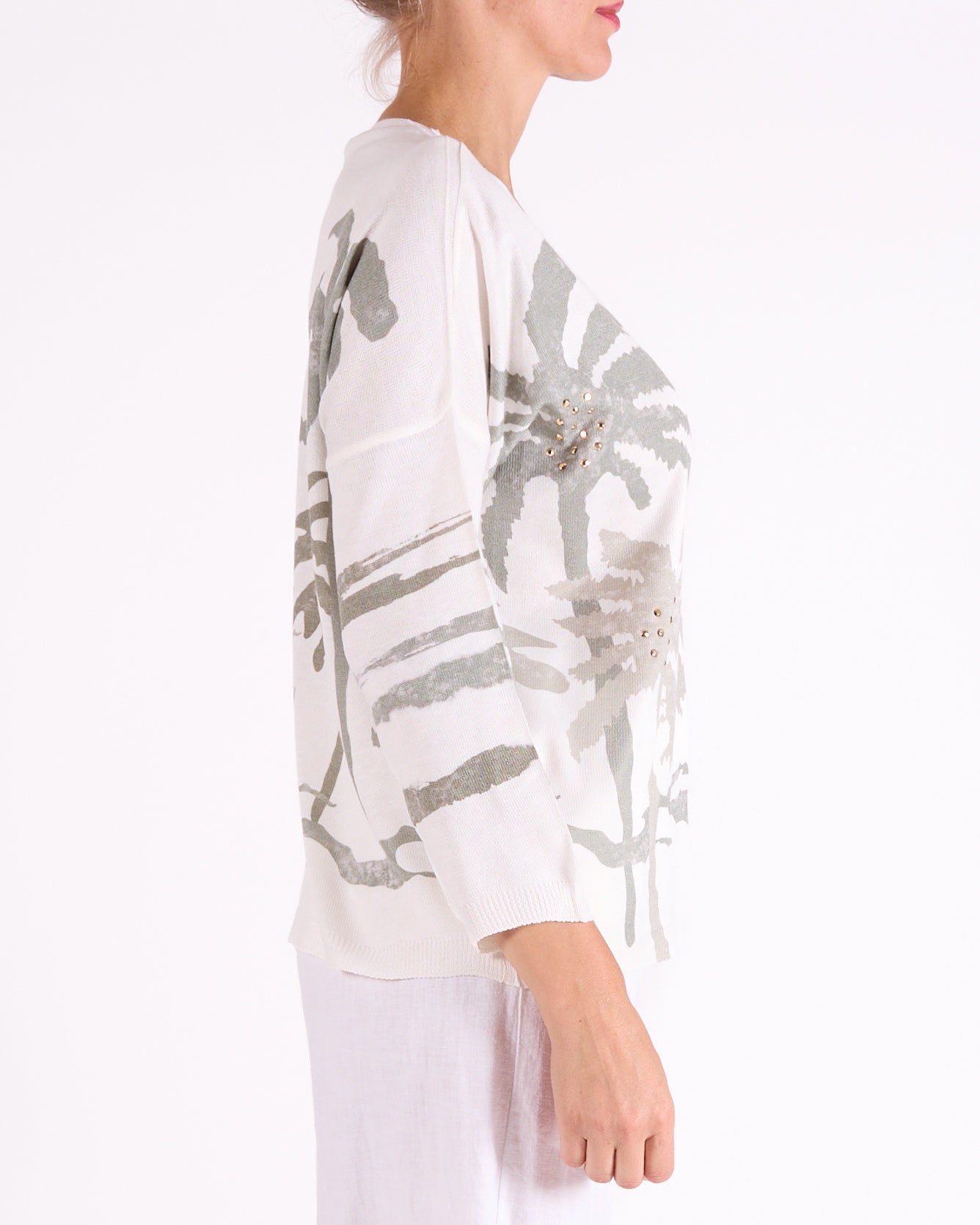 Khaki Drop Shoulder V Neck Palm Tree Studded Pullover