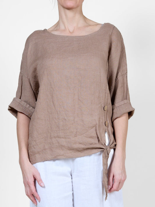 Haut à manches courtes en mousse moka avec détail de nœud latéral