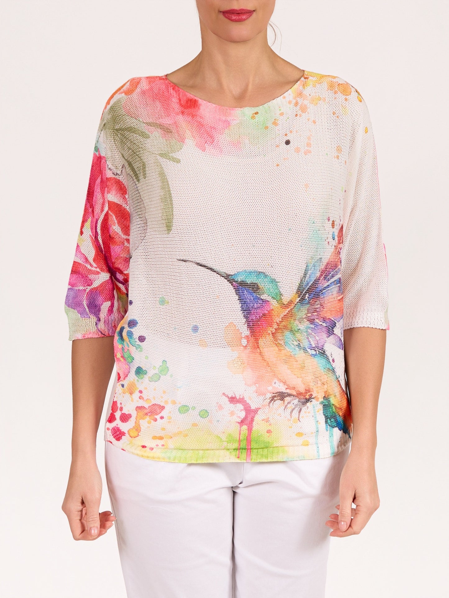 Pullover blanc à encolure bateau et manches au coude avec motif colibri