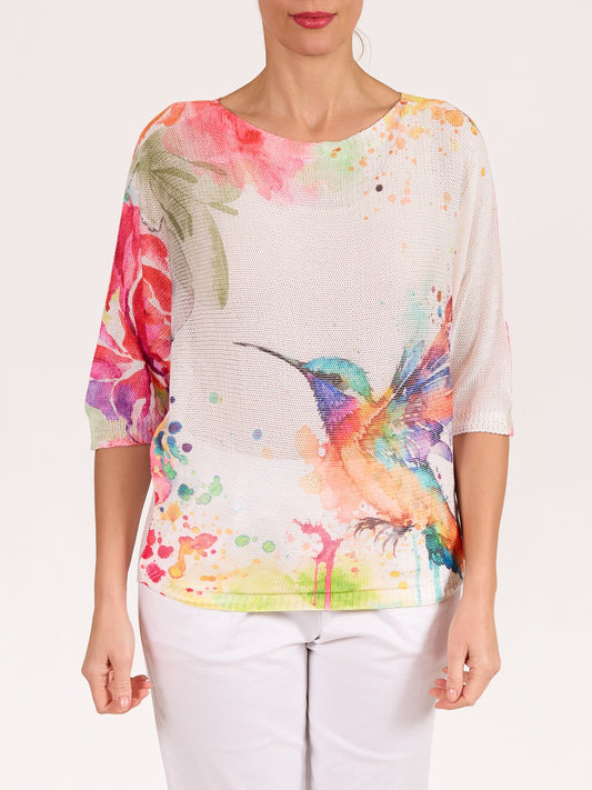 Pullover blanc à encolure bateau et manches au coude avec motif colibri