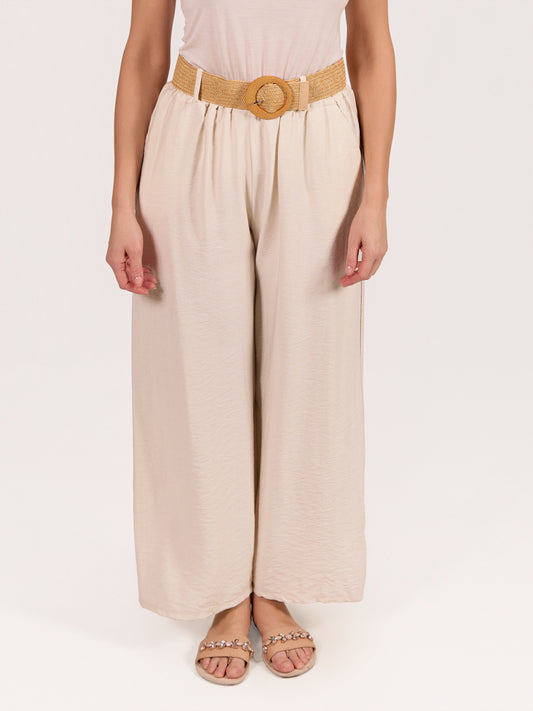 Pantalon Ivoire à Taille Élastique avec Ceinture et 2 Poches
