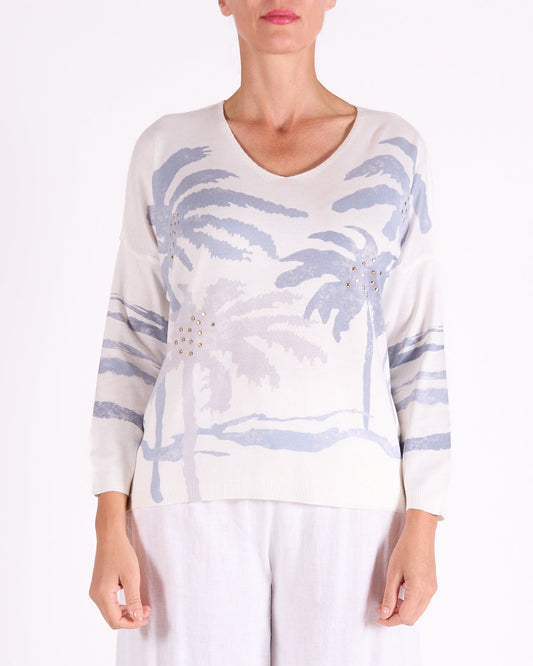 Pull clouté à col en V et motif palmier, bleu à épaules tombantes
