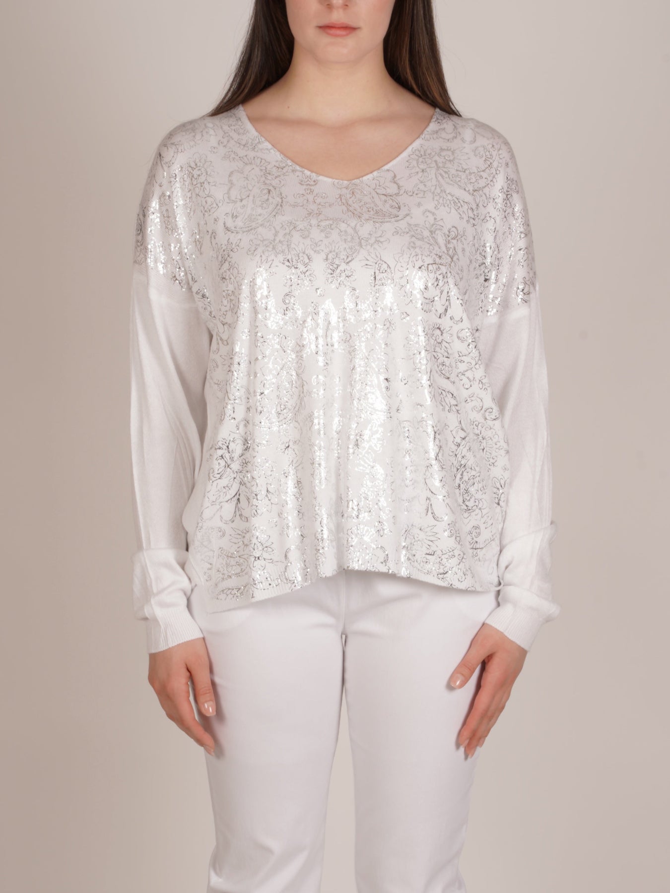 Pull blanc à manches longues et col rond en V avec détail métallisé sur le devant