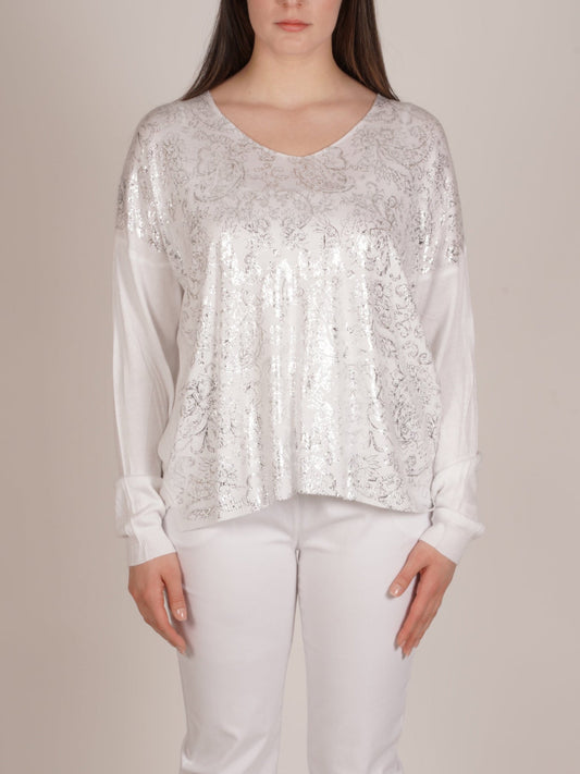 Pull blanc à manches longues et col rond en V avec détail métallisé sur le devant