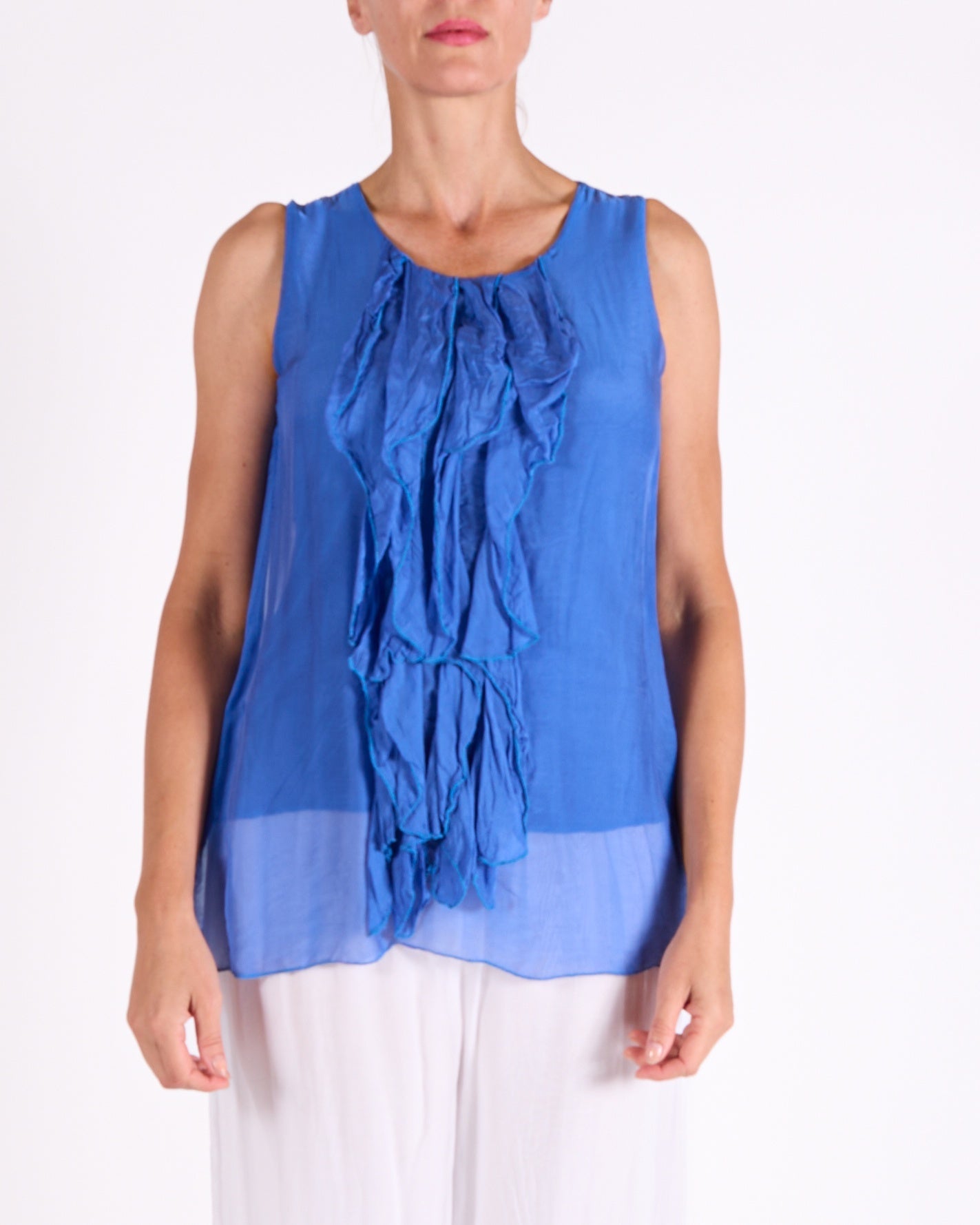 Peacock Ruffle Front Trim Sleeveless Blouse