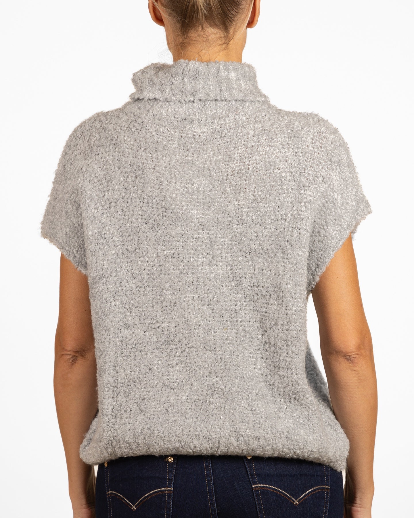 Pull blouson sans manches en chenille à col châle couleur pierre