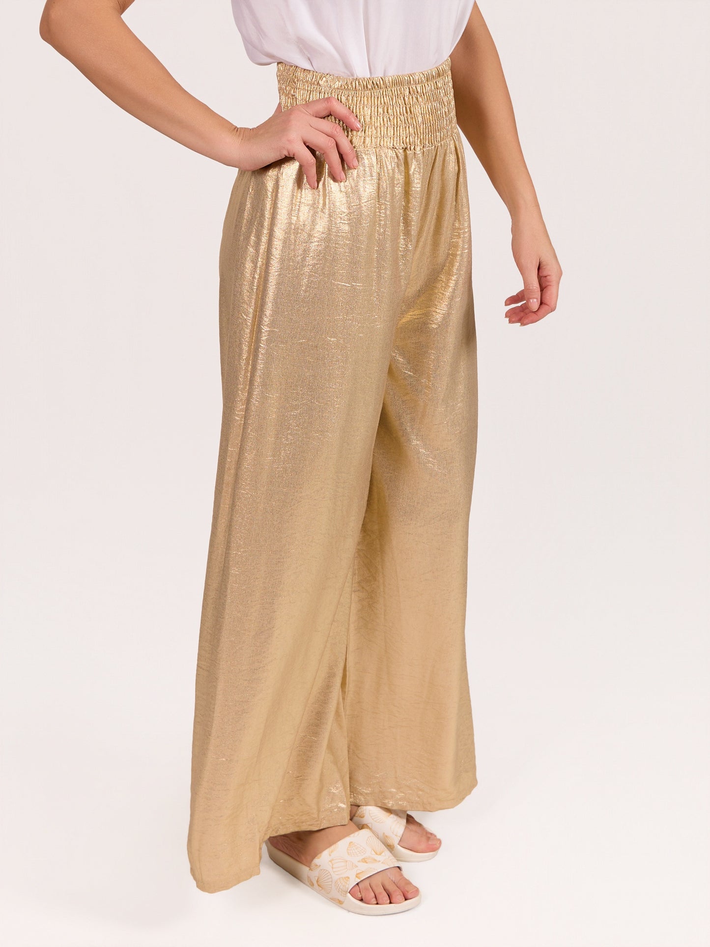 Pantalon or à enfiler effet foil avec détail froncé