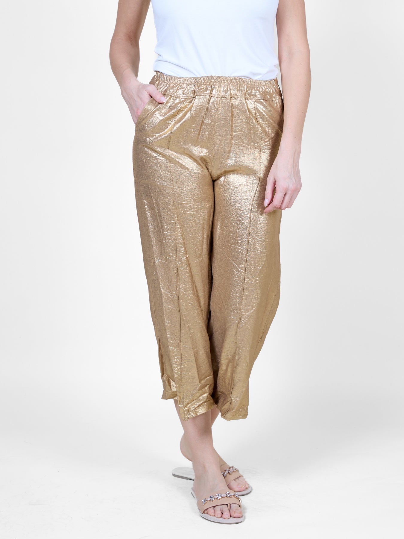 Beige Cropped Pull-On Flowing Pants