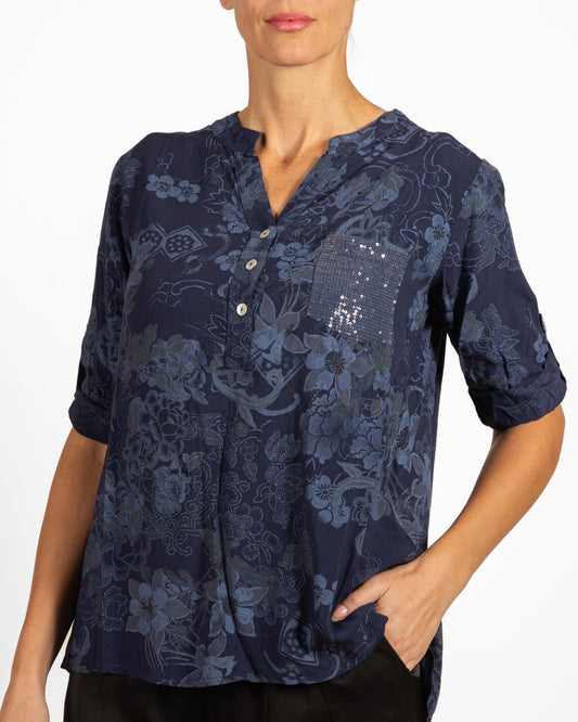 Midnight Placket Front Roll up Sleeve Sequin Pocket Floral Top
