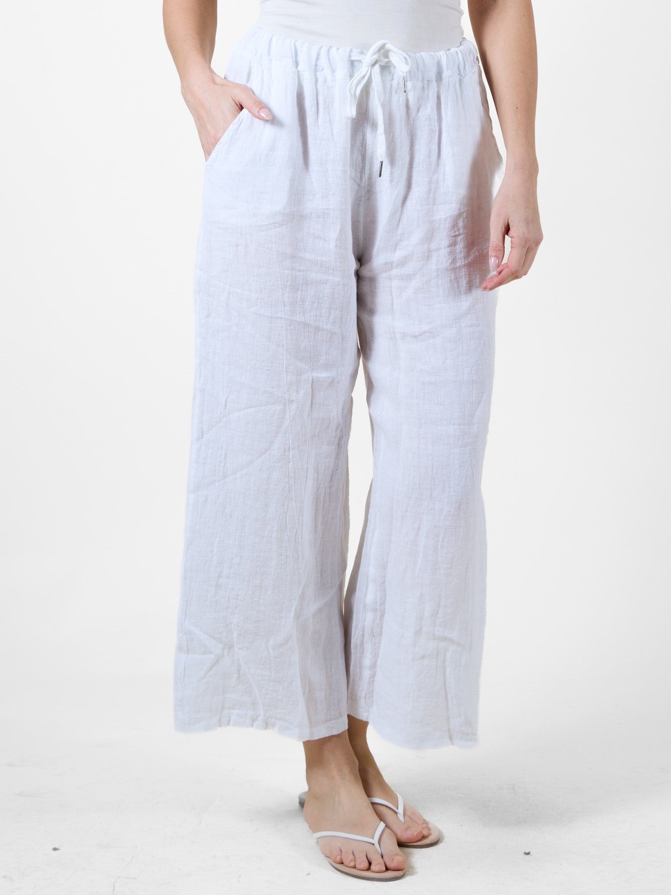 Pantalon de plage blanc style lin avec taille à cordon