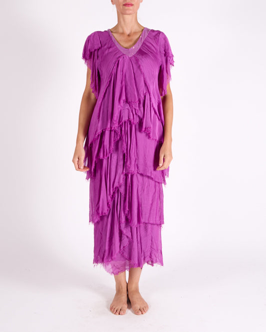 Magenta Short Sleeve Raw Edge Multi Layer Sequin Neck Trim Maxi Dress