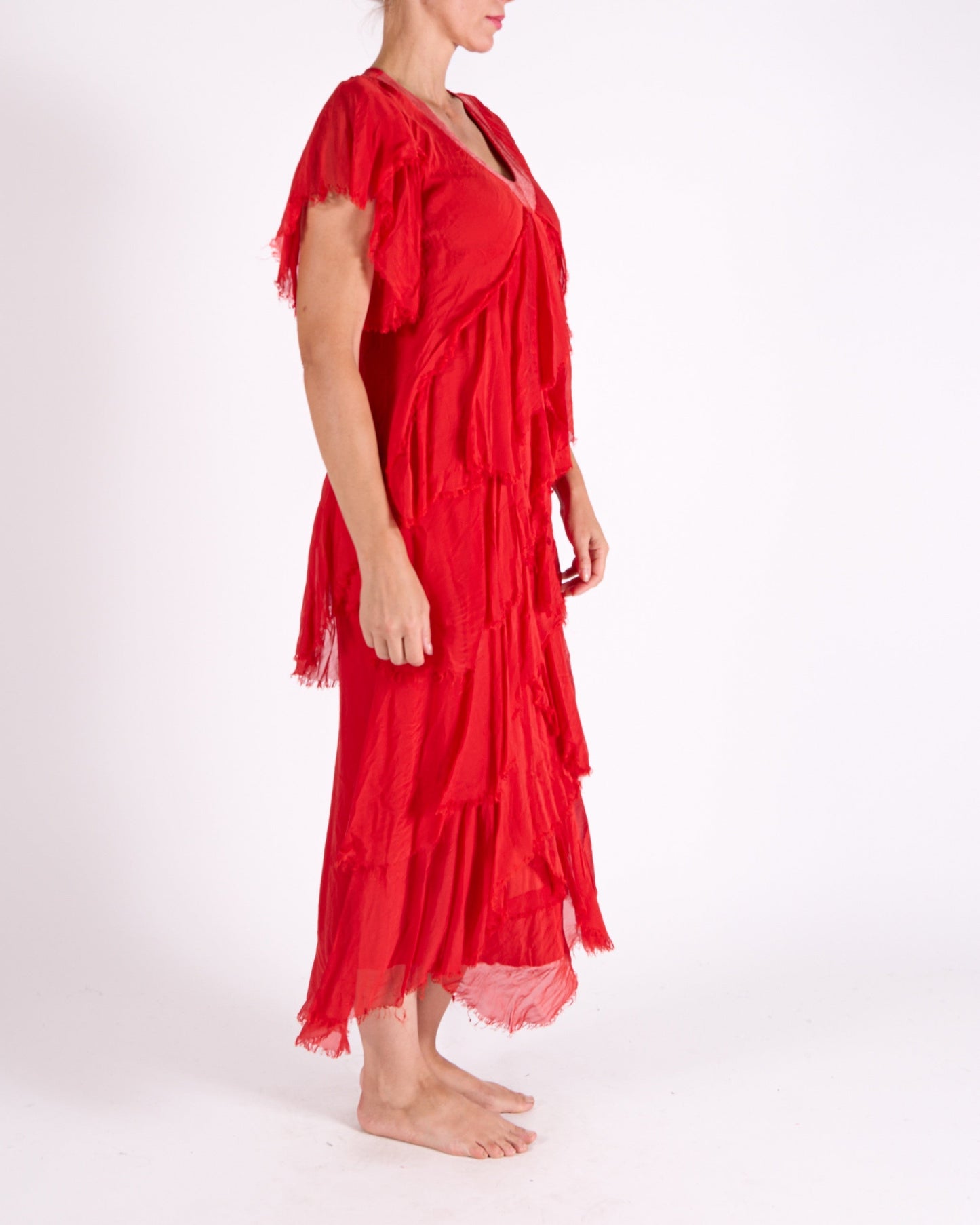 Red Short Sleeve Raw Edge Multi Layer Sequin Neck Trim Maxi Dress