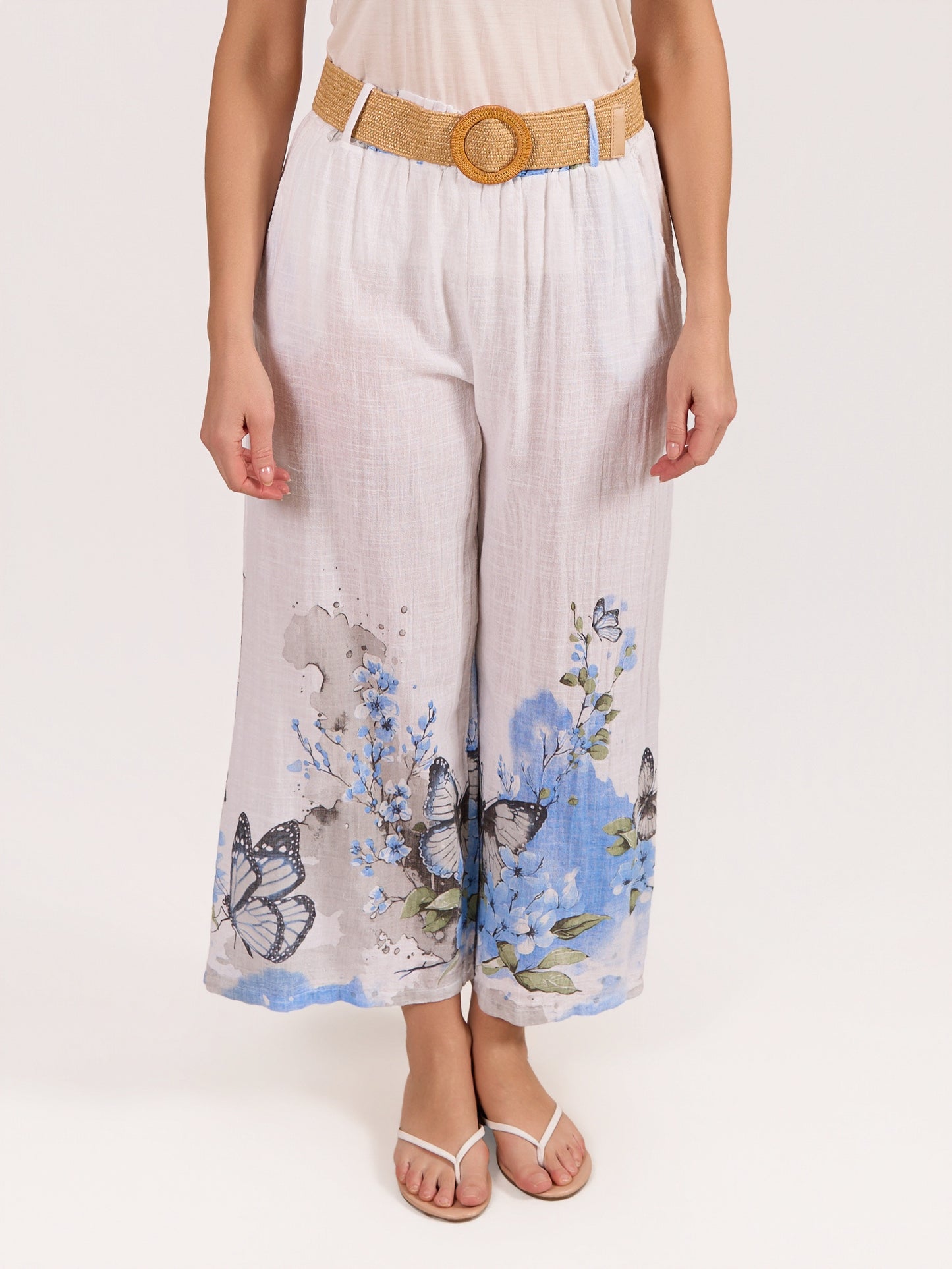 Pantalon Blanc à Taille Élastique avec Ceinture et Imprimé Papillons Bordure