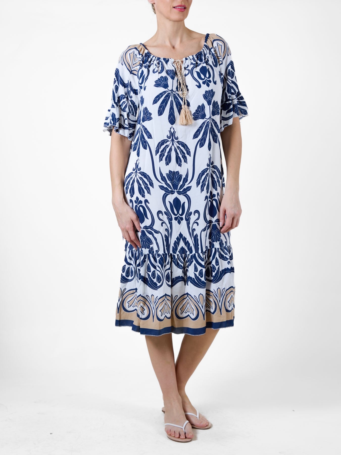 Midnight Mid-Length Dress with Ruffled Bottom and Sleeves, Tropical Print