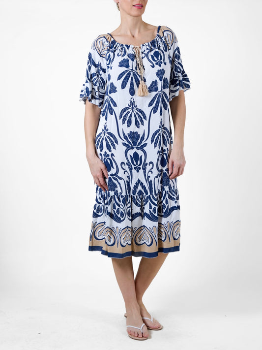 Midnight Mid-Length Dress with Ruffled Bottom and Sleeves, Tropical Print