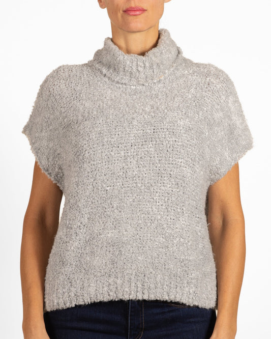 Pull blouson sans manches en chenille à col châle couleur pierre