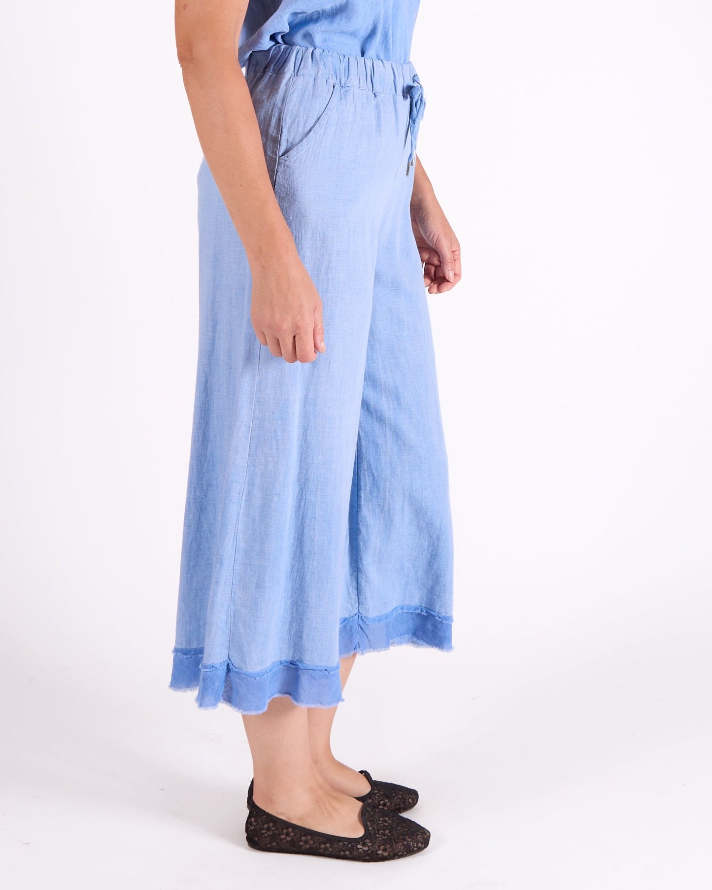 Ocean Blue Pull on Drawstring Raw Edge Hem Pants