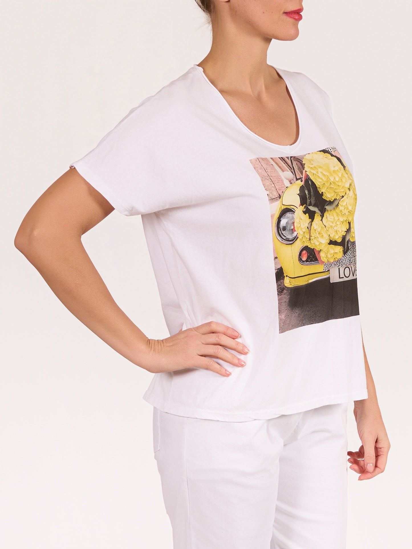 T-shirt jaune à col en V à manches courtes Beatles LOVE floral