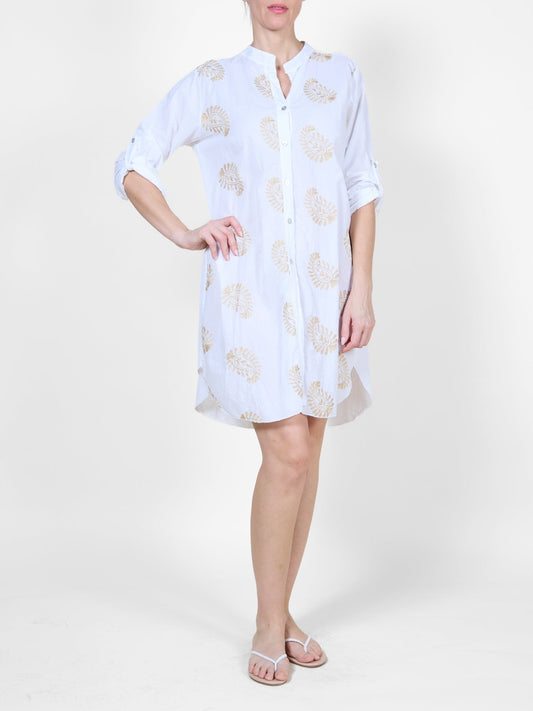 White Button-Up Shirt Dress with Gold Paisley Embroidery