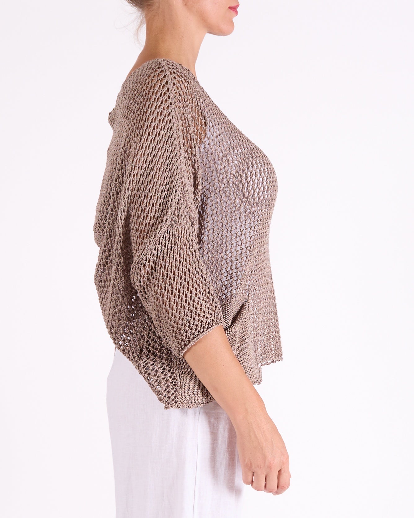 Pull en maille taupe à encolure bateau, 2 poches et manches trois-quarts