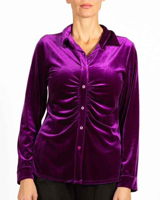 Chemisier en velours à boutons raisins et devant froncé