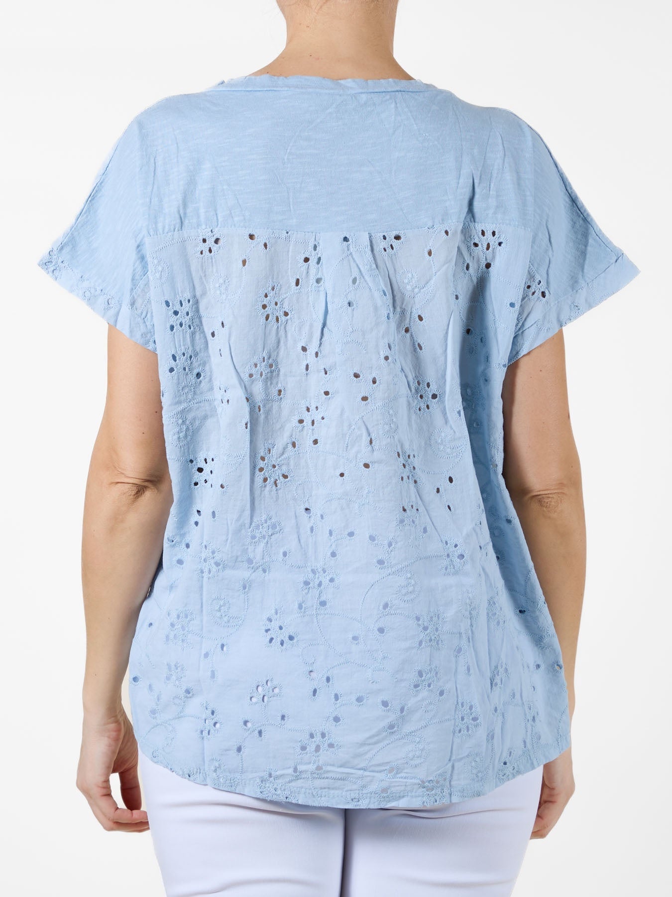 Airy blue T-Shirt with Floral Embroidered Pocket and Eyelet Back Panel