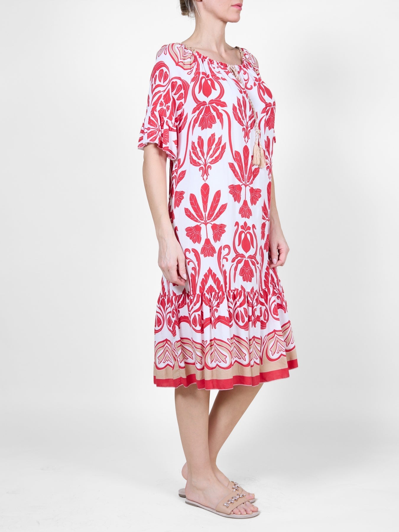Red Mid-Length Dress with Ruffled Bottom and Sleeves, Tropical Print