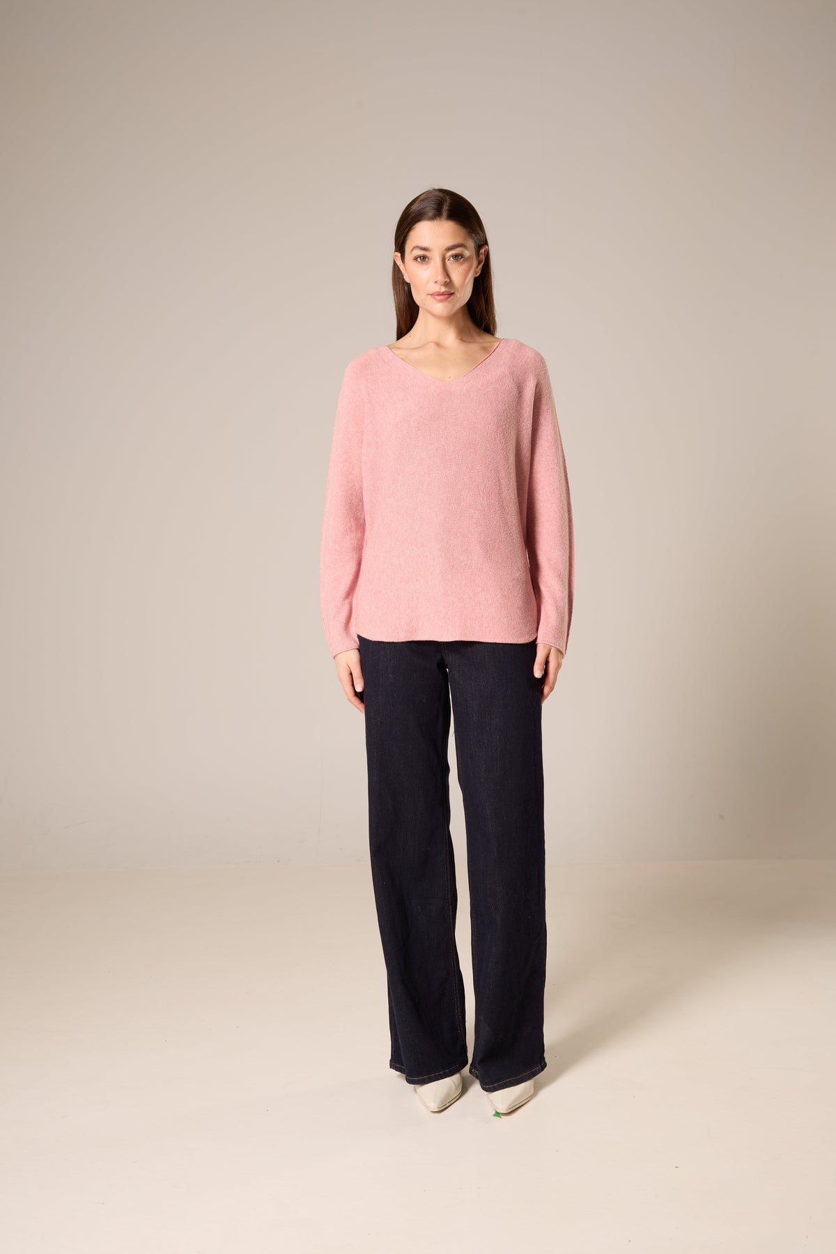 Lightweight Wide V-Neck Knit Sweater – Rose
