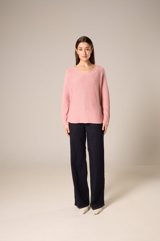 Chandail léger en tricot à large encolure en V – rose