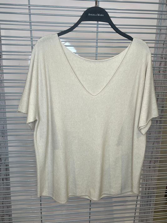 Lightweight Wide V-Neck Knit Sweater – Beige