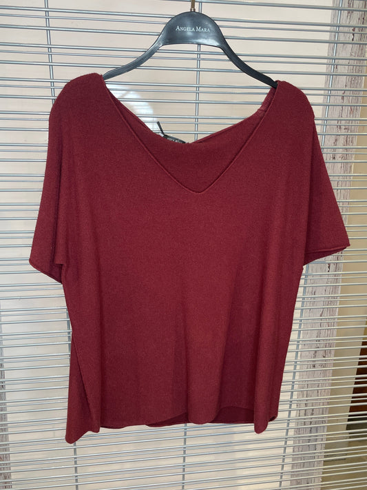 Lightweight Wide V-Neck Knit Sweater – Wine