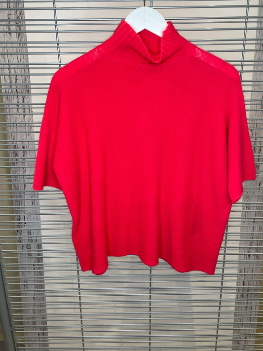 Haut en tricot doux brossé à col montant et manches courtes – rouge corail