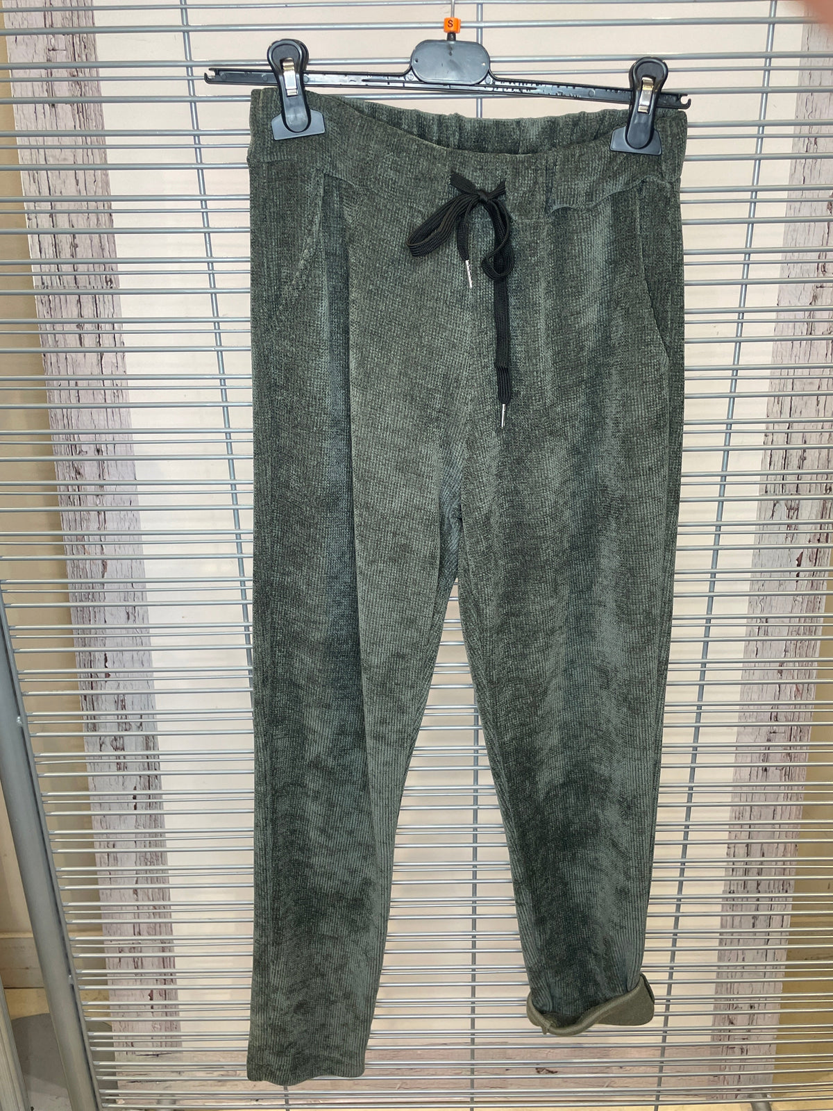 Ribbed Chenille Drawstring Pants – Olive Green