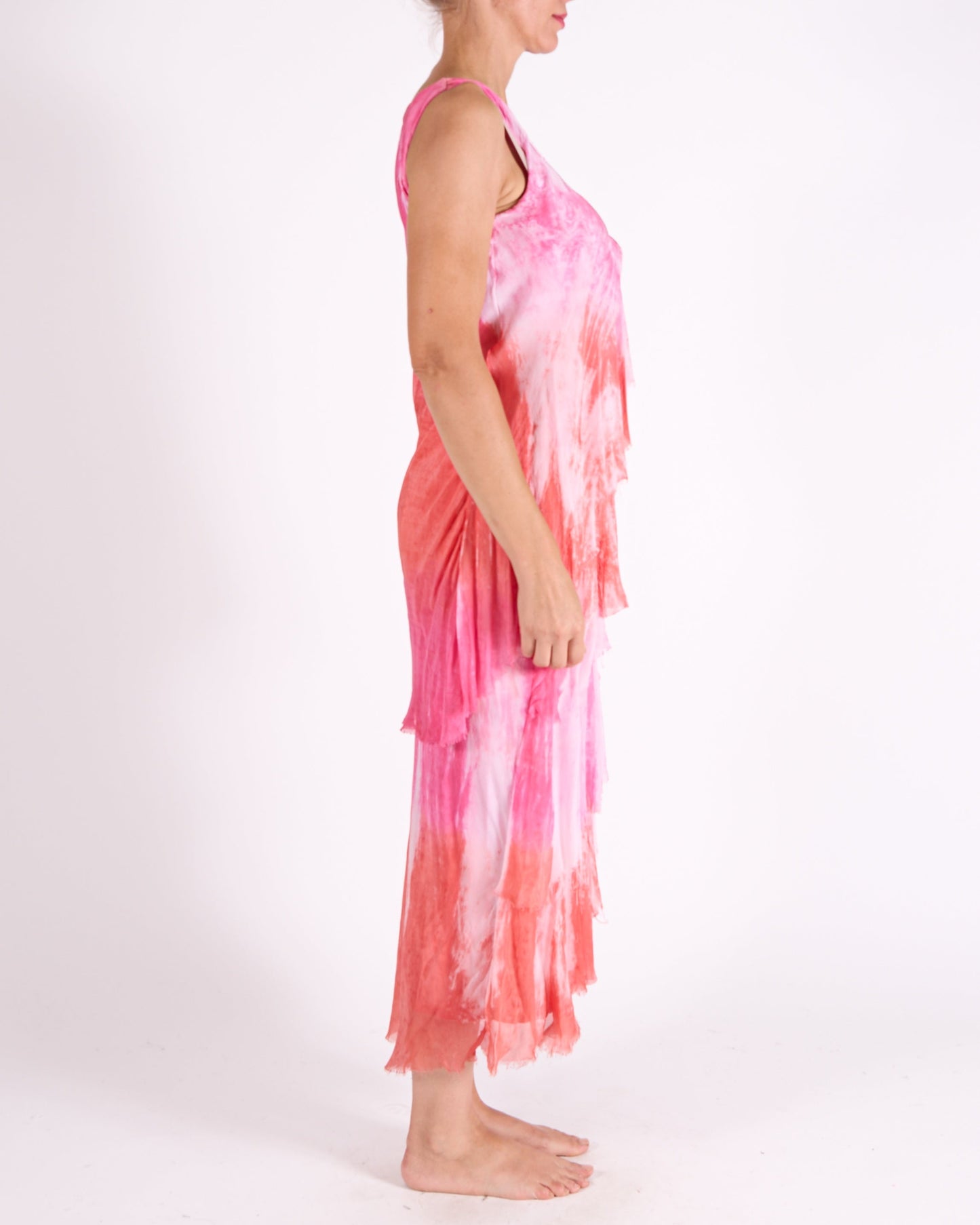 Cherry Sleeveless Raw Edge Multi Layer Tye Dye Sleeveless Dress