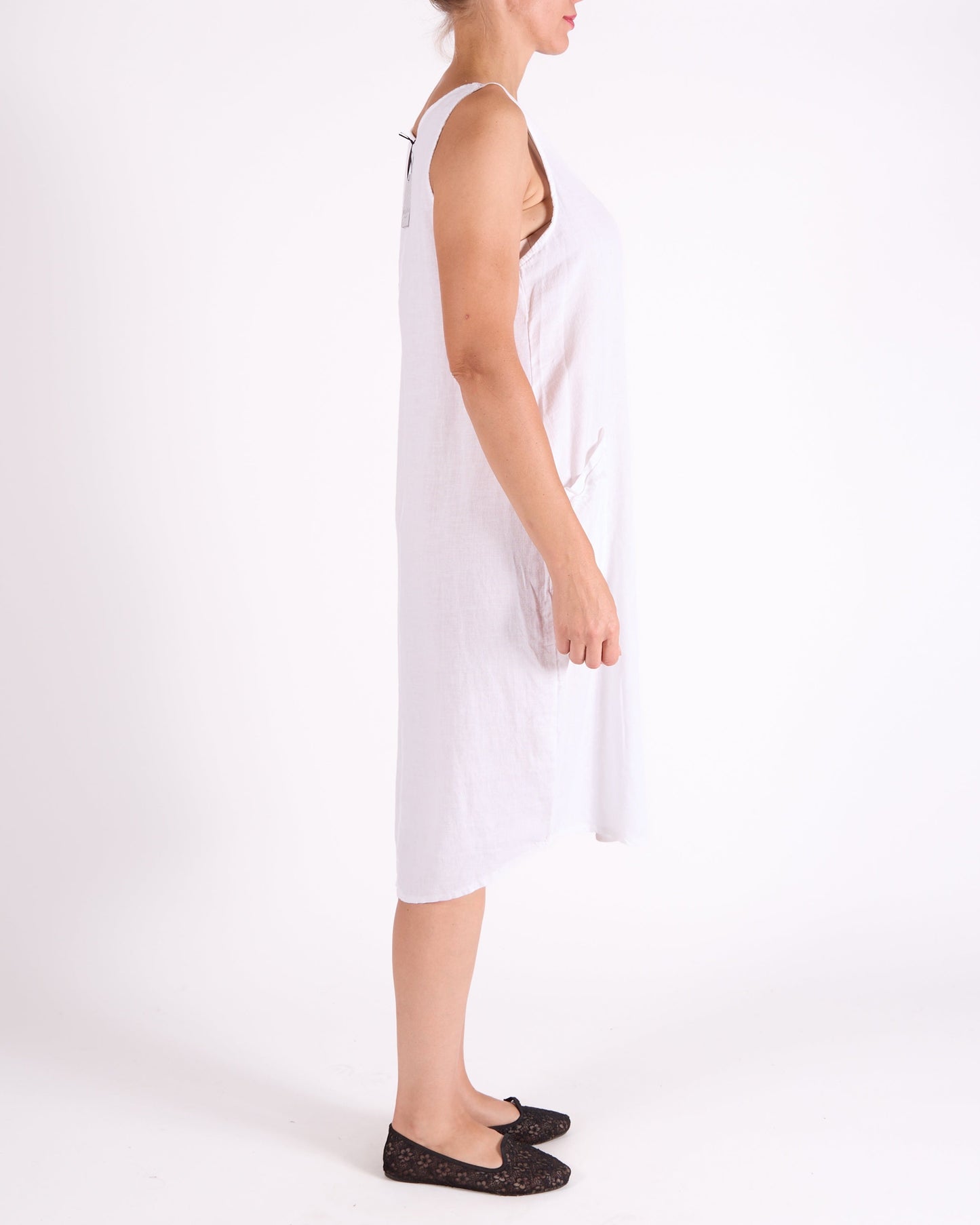 White Placket Front Sleeveless 2 Pocket Raw Edge Dress