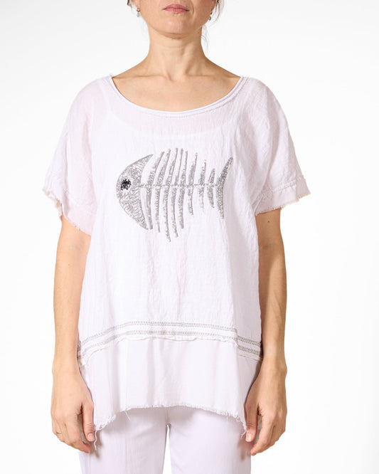 Haut de pêche en lurex blanc argenté bordé de lurex