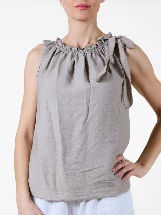 Taupe Sleeveless Top with Ruffled Neckline and Side Tie