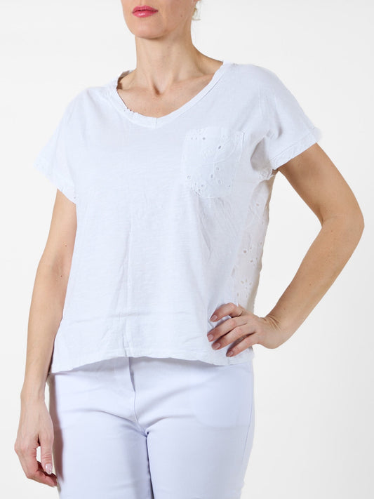 White T-Shirt with Floral Embroidered Pocket and Eyelet Back Panel