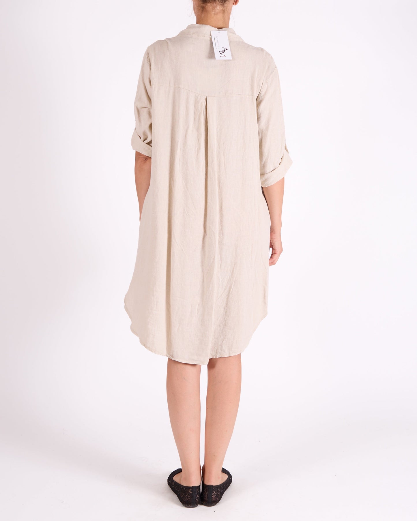 Sand Button Front Roll up Sleeve 1 Pocket Shirt Dress