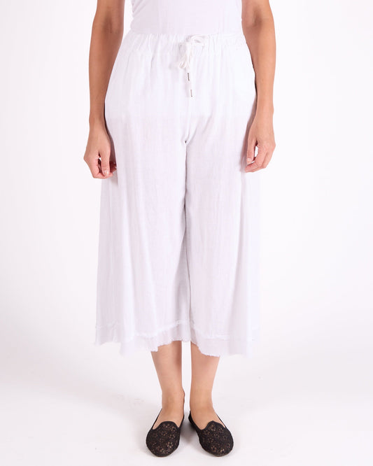 White Pull on Drawstring Raw Edge Hem Pants