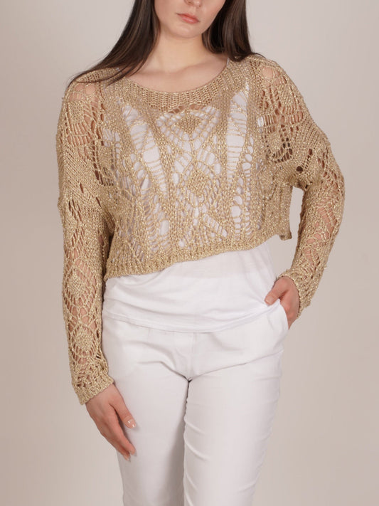 Pull à manches longues en maille ajourée dorée Lurex