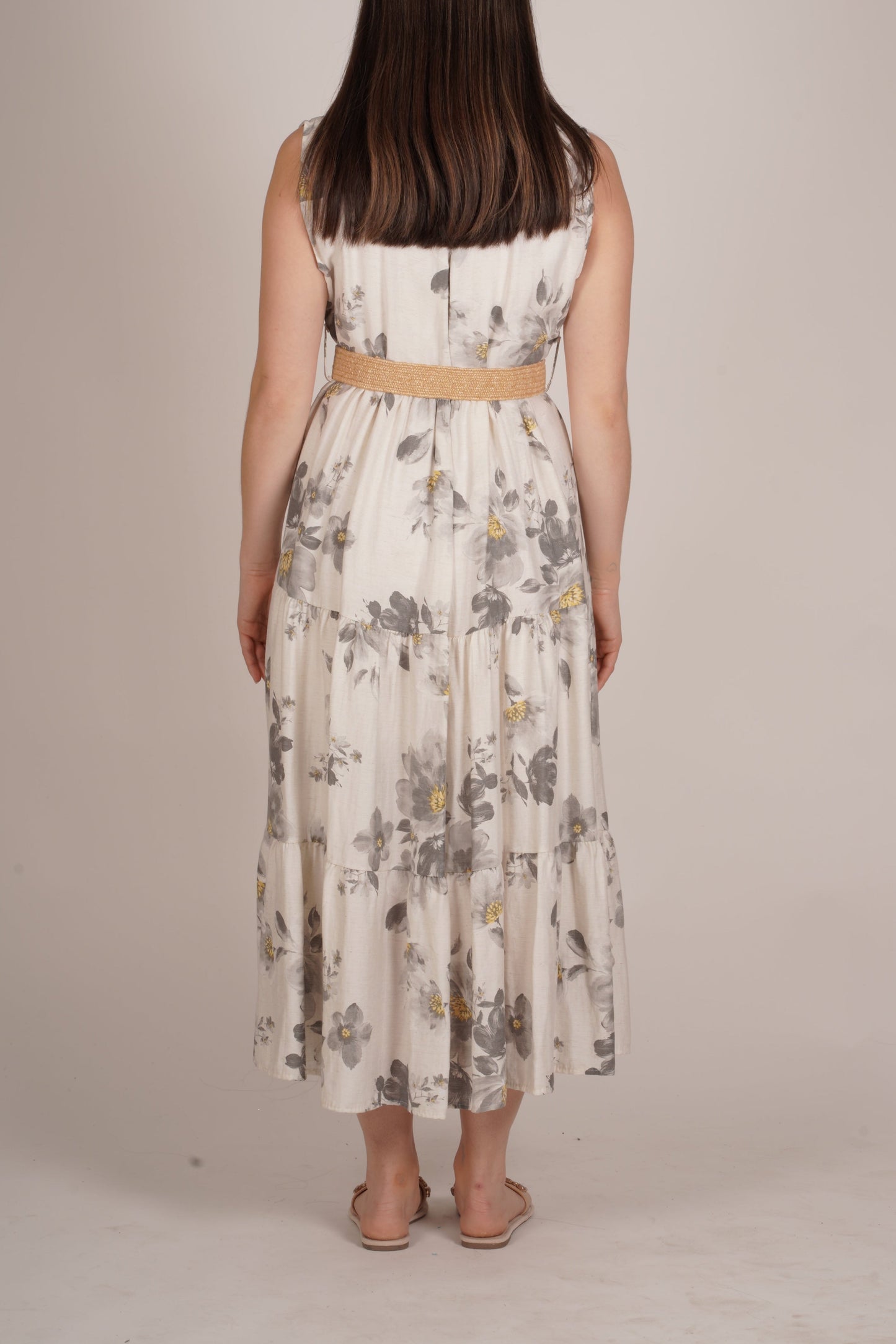 Robe sans manches boutonnée à imprimé floral pierre avec ceinture