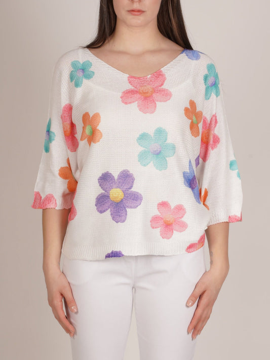 Pull blanc à col rond et imprimé marguerites multicolores
