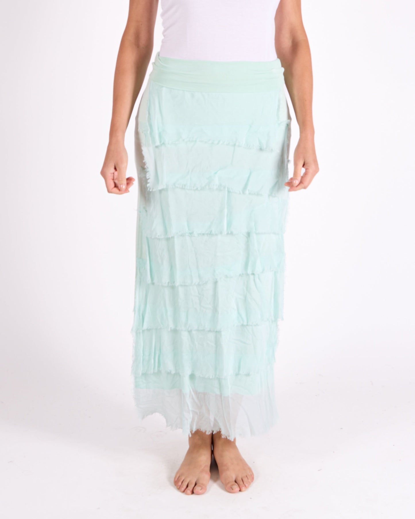 Seafoam Fold Over Waist Band Raw Edge Multi Layer Skirt